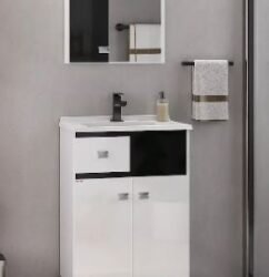 KIT (ESPELHEIRA/CUBA/ARMÁRIO) POP 60CM COM PÉS BRANCO/ PRETO FABRIBAM