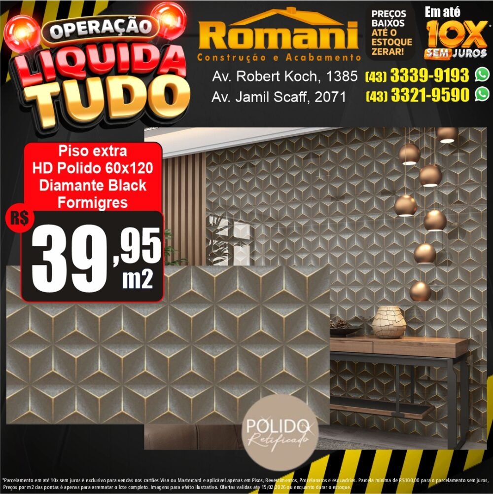piso polido hd diamante black 60x120 formigres - liquidacao oferta promocao