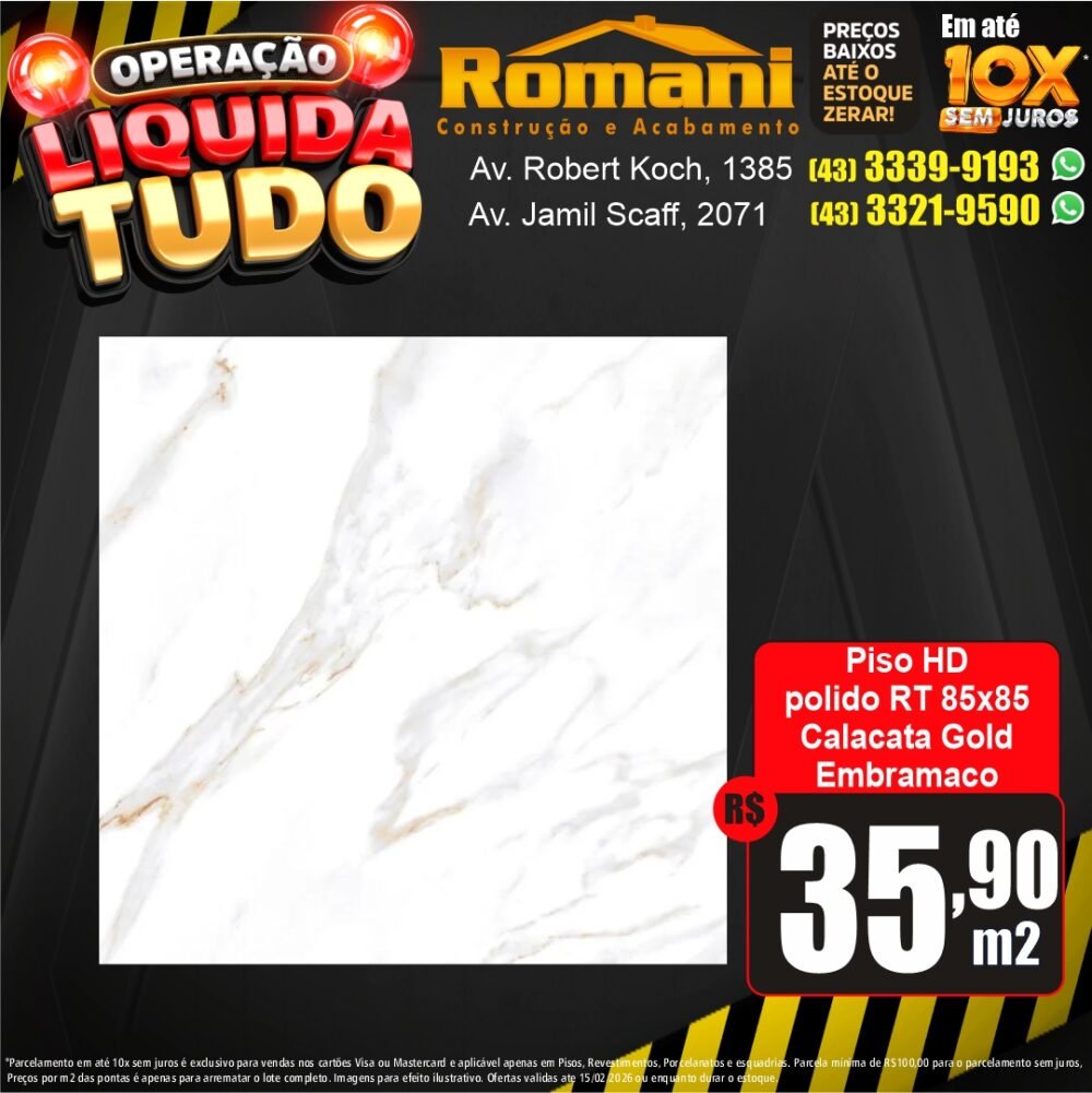 piso polido retificado embramaco calacata gold - liquidacao oferta promocao
