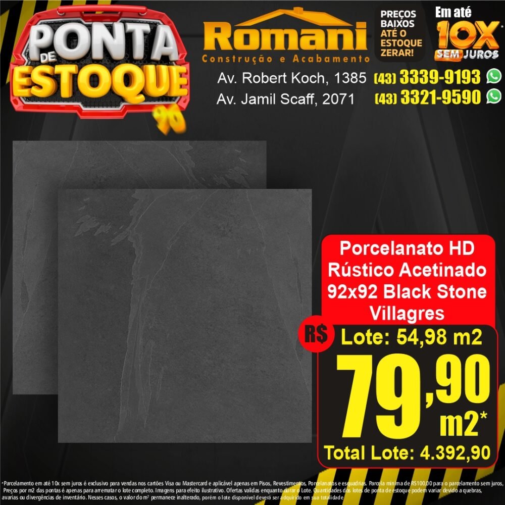 porcelanato acetinado black stone villa gres - ponta estoque liquidacao promocao oferta