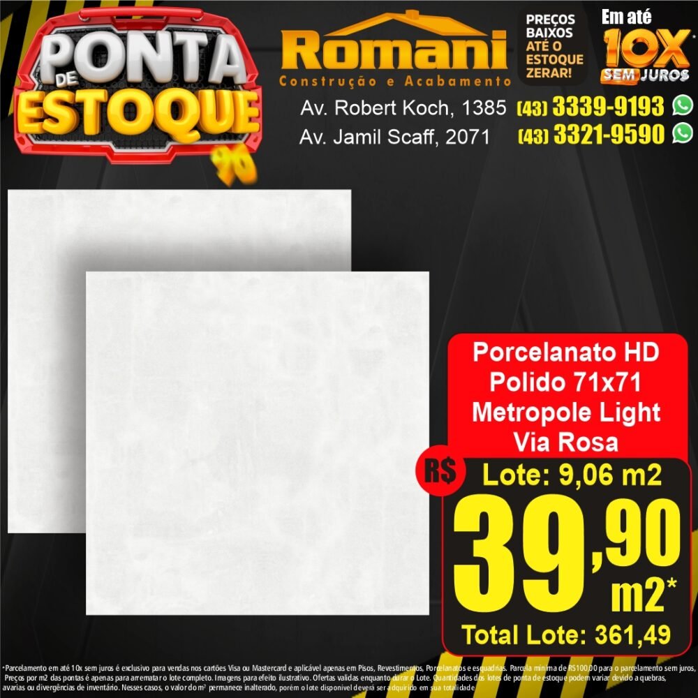 porcelanato polido metropole light 71x71 via rosa lef - ponta estoque liquidacao promocao oferta