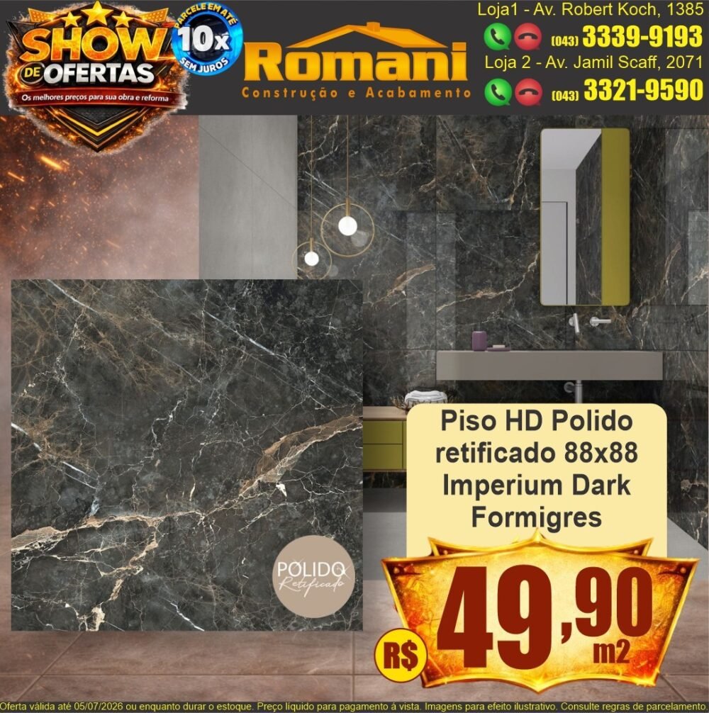 PISO RETIFICADO POLIDO HD 88X88 IMPERIUM DARK FORMIGRES SHOW DE OFERTAS promocao oferta barato