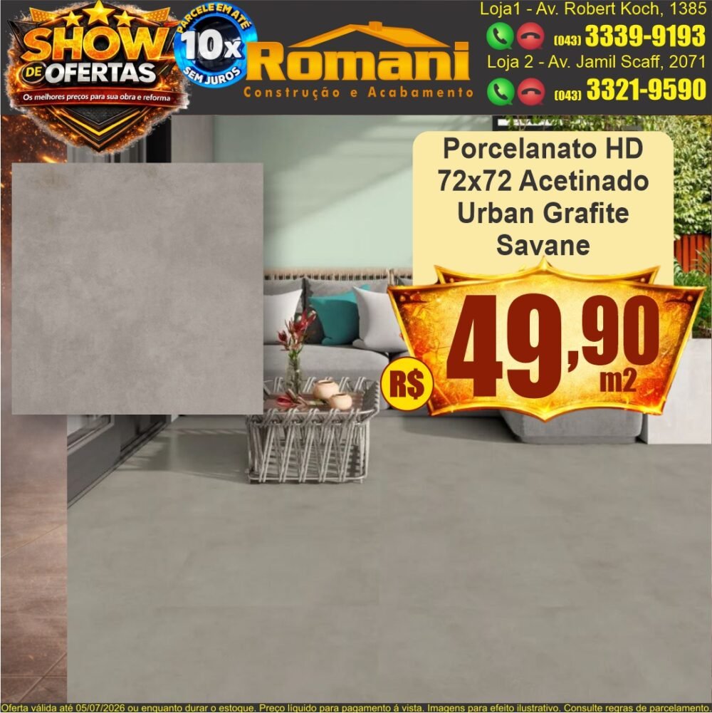porcelanato 72x72 acetinado hd cimenticio urban grafite savane - show de oferta promocao barato romani