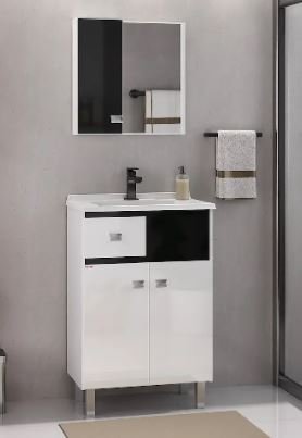 KIT (ESPELHEIRA/CUBA/ARMÁRIO) POP 60CM COM PÉS BRANCO/ PRETO FABRIBAM