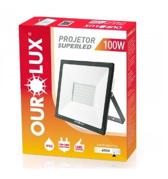 PROJETOR LED SLIM 100W BIV PRETO 6500K OUROLUX 03267