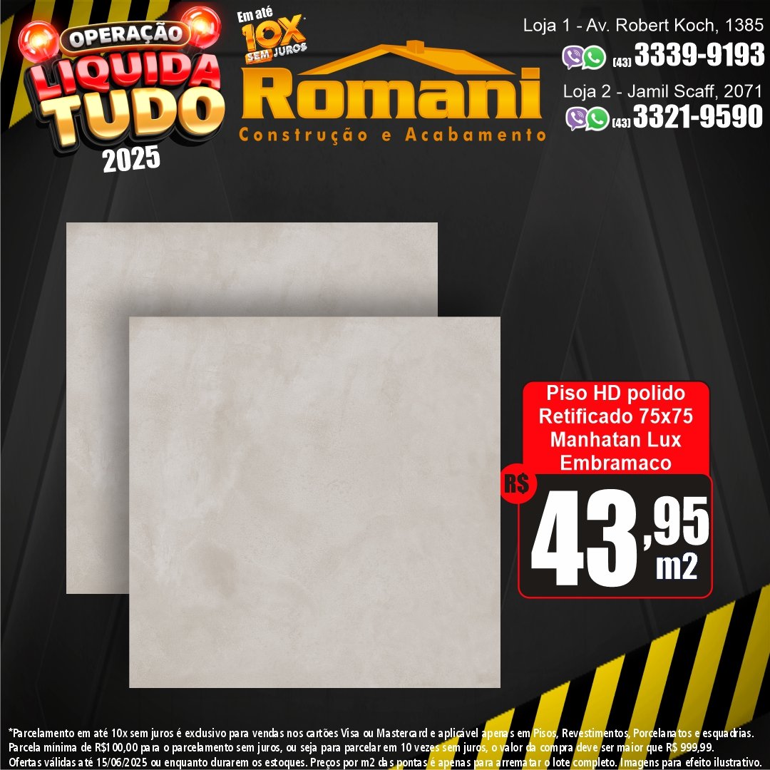 dadc7c37-63e8-40dc-979b-987524db93d0 PISO MANHATAN LUX PRIME 75X75 POLIDO 2,81MT EMBRAMACO P75036*