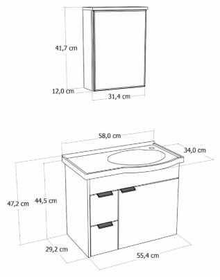 KIT CAPRI SUSPENSO + ESPELHEIRA + PIA 55,4CM NOGAL RORATO