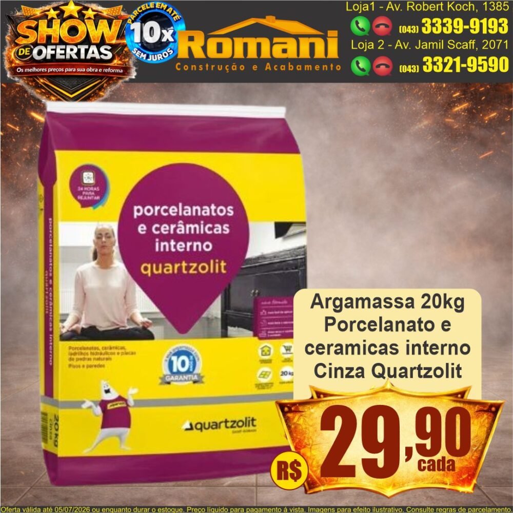 argamassa porcelanato ceramica interna cinza 20kg quartzolit show de ofertas promocao