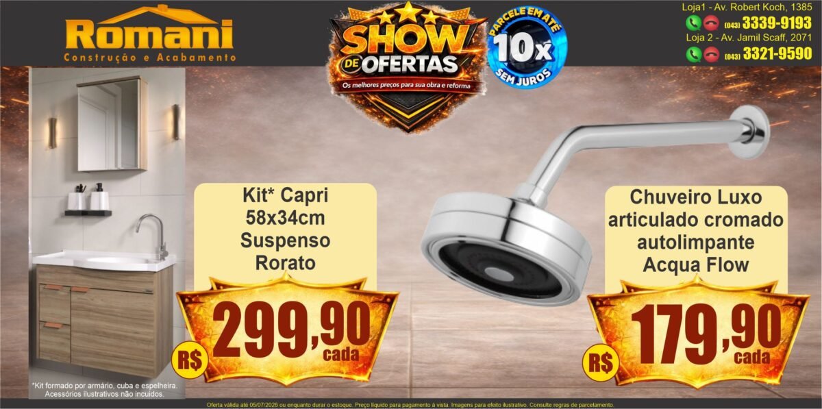 gr_ducha acqua flow ulta + kit armario cuba espelheira capri rorato show de ofertas promocao