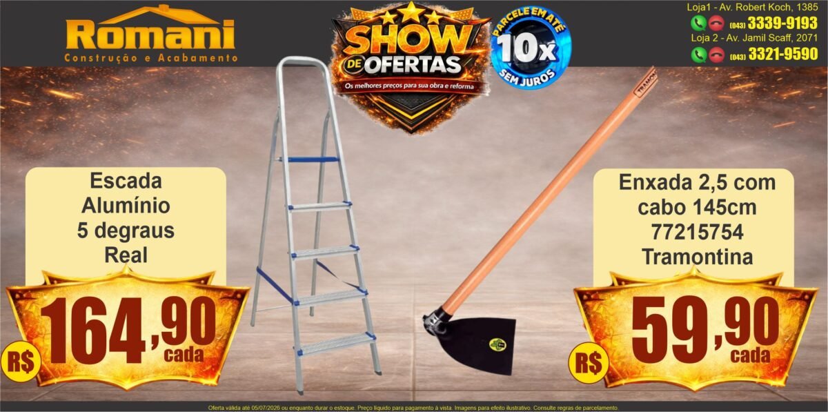 gr_enxada com cabo tramontina + escada aluminio 5 degraus real show de ofertas promocao