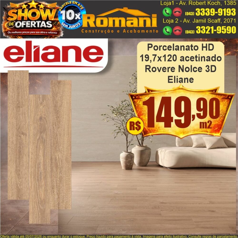 porcelanato acetinado 19,7x120 rovere nolce acetinado 3d eliane show de oferta promocao