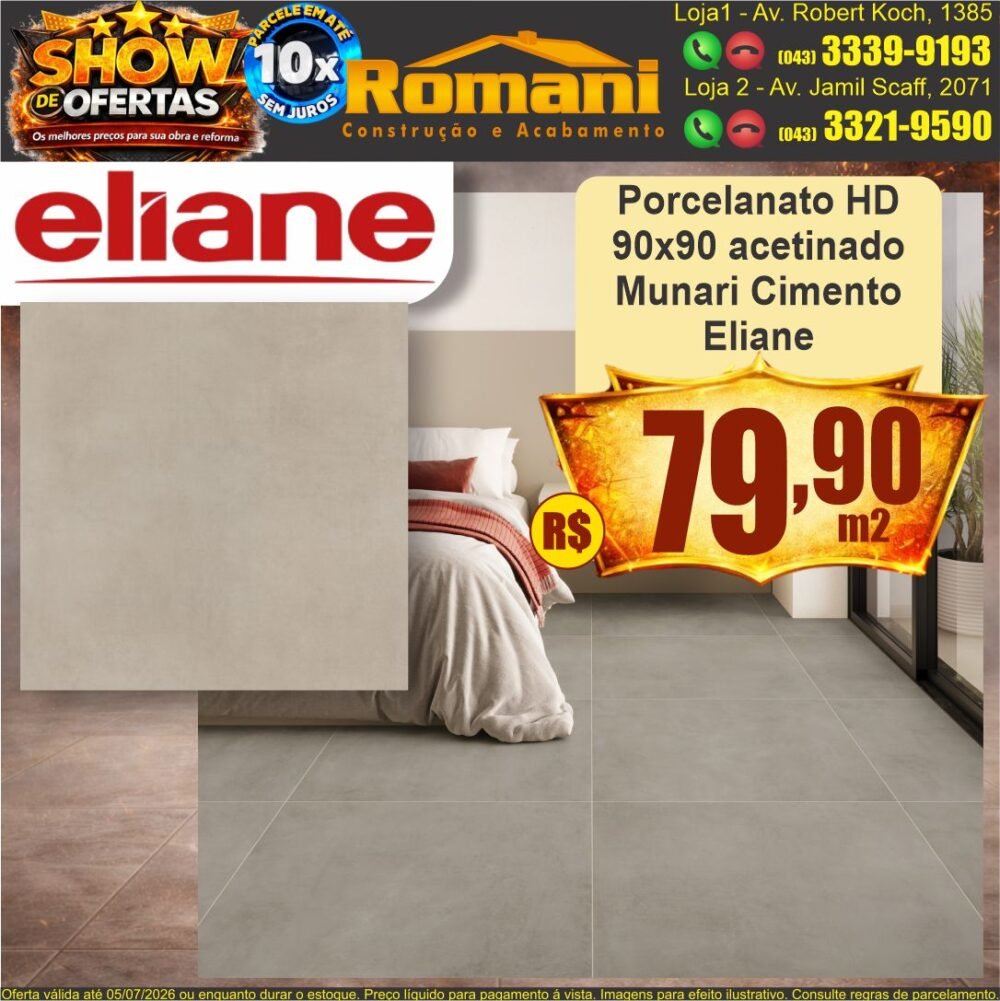 porcelanato acetinado 90x90 munari cimento eliane show de oferta promocao