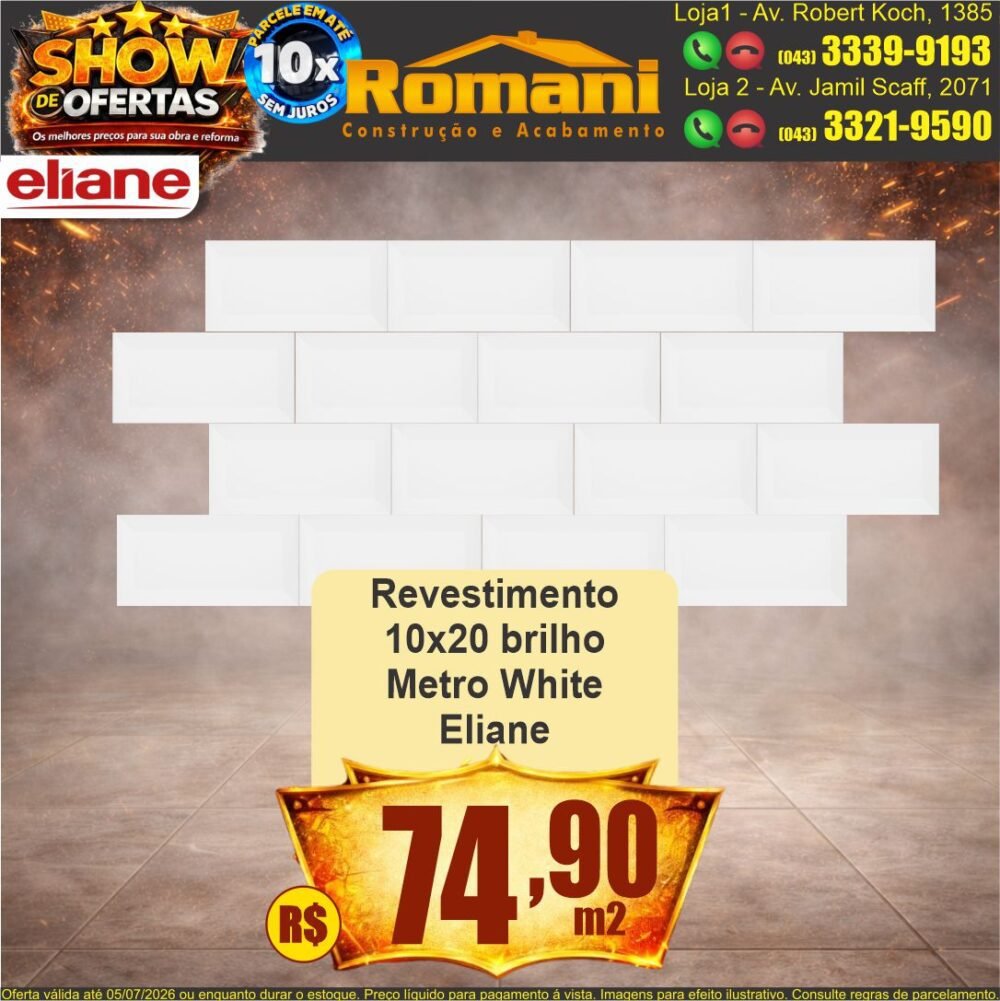 revestimento 10x20 metro white brilhante eliane show de oferta promocao